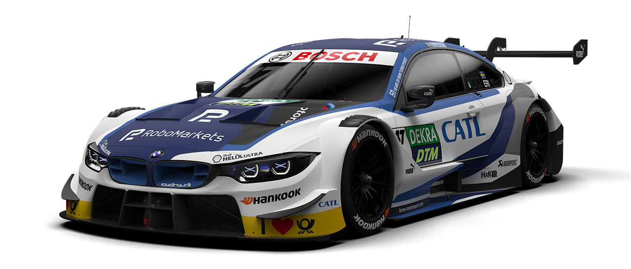 New BMW M4 DTM racing car with RoboMarkets brand appearance